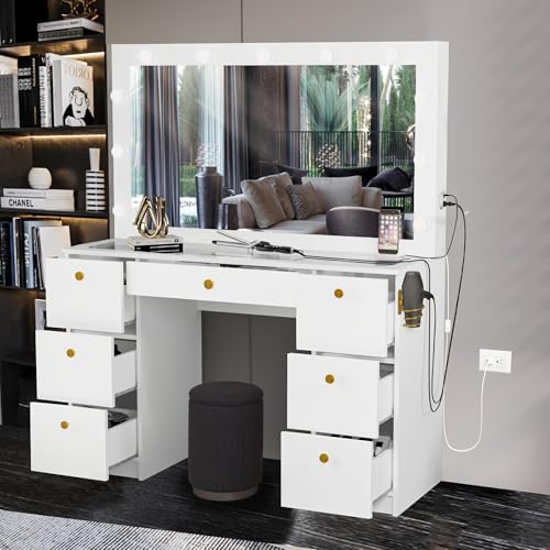 Boahaus Lyra LARGE Makeup Vanity Desk with Lights, 7 Drawers, Black Vanity Mirror with Lights Built-in, Drawer with Jewelry Divider, Power Outlet, Gold Crystal Ball Knobs, 56'' H x 46.3'' W x 14.6'' D