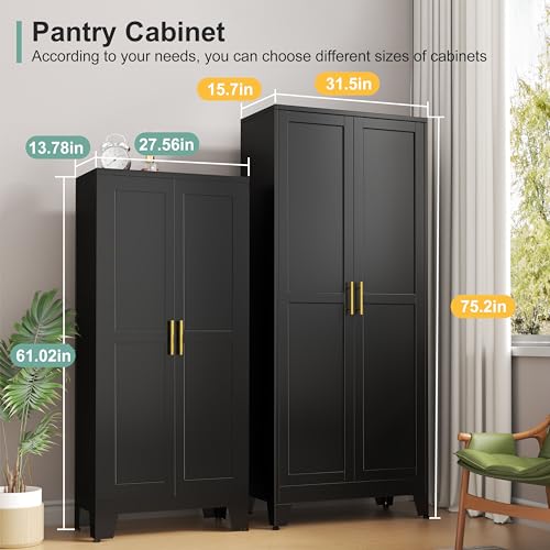 Metal Pantry Cabinet with 2 Doors and 5 Adjustable Shelves, 75" Kitchen Storage cabinets with Gold Handles, Versatile Storage for Laundry Room, Living Room, Bathroom, Dinning Room, Utility Room-White