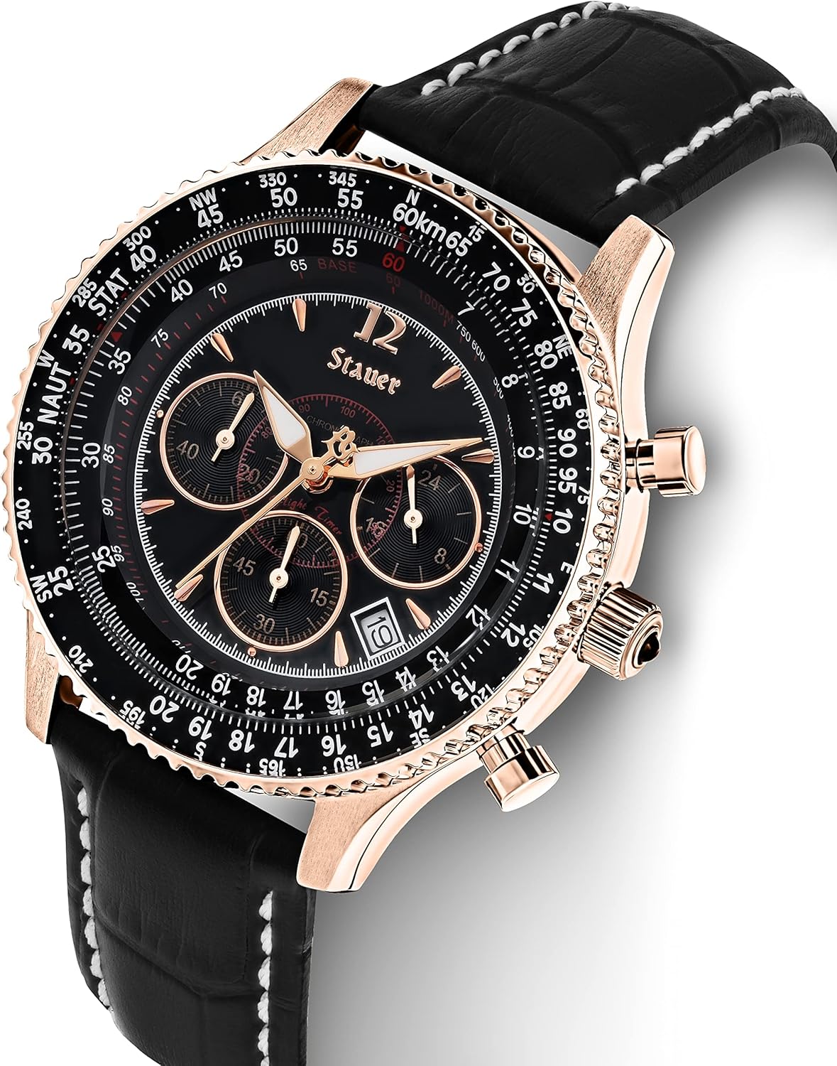 Stauer 1916 Midnight Flyboy Watch for Men – Vintage Style Chronograph Watch – Genuine Crocodile-Embossed Black Leather Watch Band – Stainless Back & Rose Gold Watch Case – Elegant Present for Men