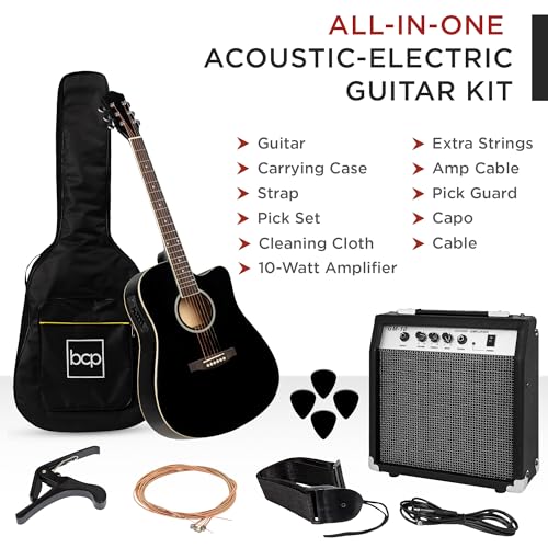Best Choice Products Beginner Acoustic Electric Guitar Starter Set w/ 41in, All Wood Cutaway Design, Case, Strap, Picks - Natural