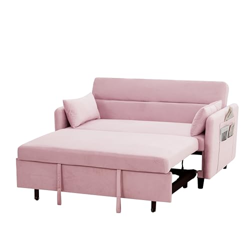 Sleeper Sofa Couch Bed 3-in-1 with Two Pillows-Soft Velvet Surface and Handy Pull-Out Bed Strap - Ideal for Guest Rooms, Pink
