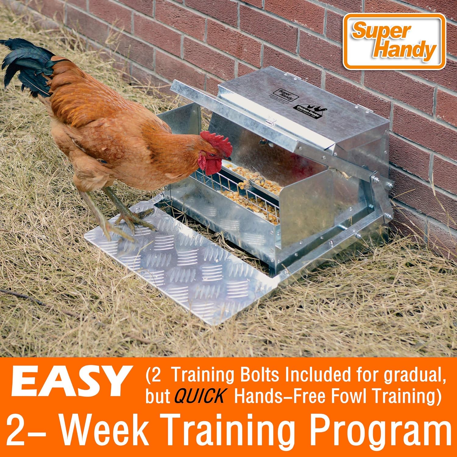 SuperHandy Chicken Feeder Automatic 20lbs (9kg) Capacity Trough Feeds 6-12 Poultry/Fowl Up to 10 Days Keeps Dry with Spill Proof Galvanized Steel Bird Prevention for Chickens, Pheasants, or Roosters