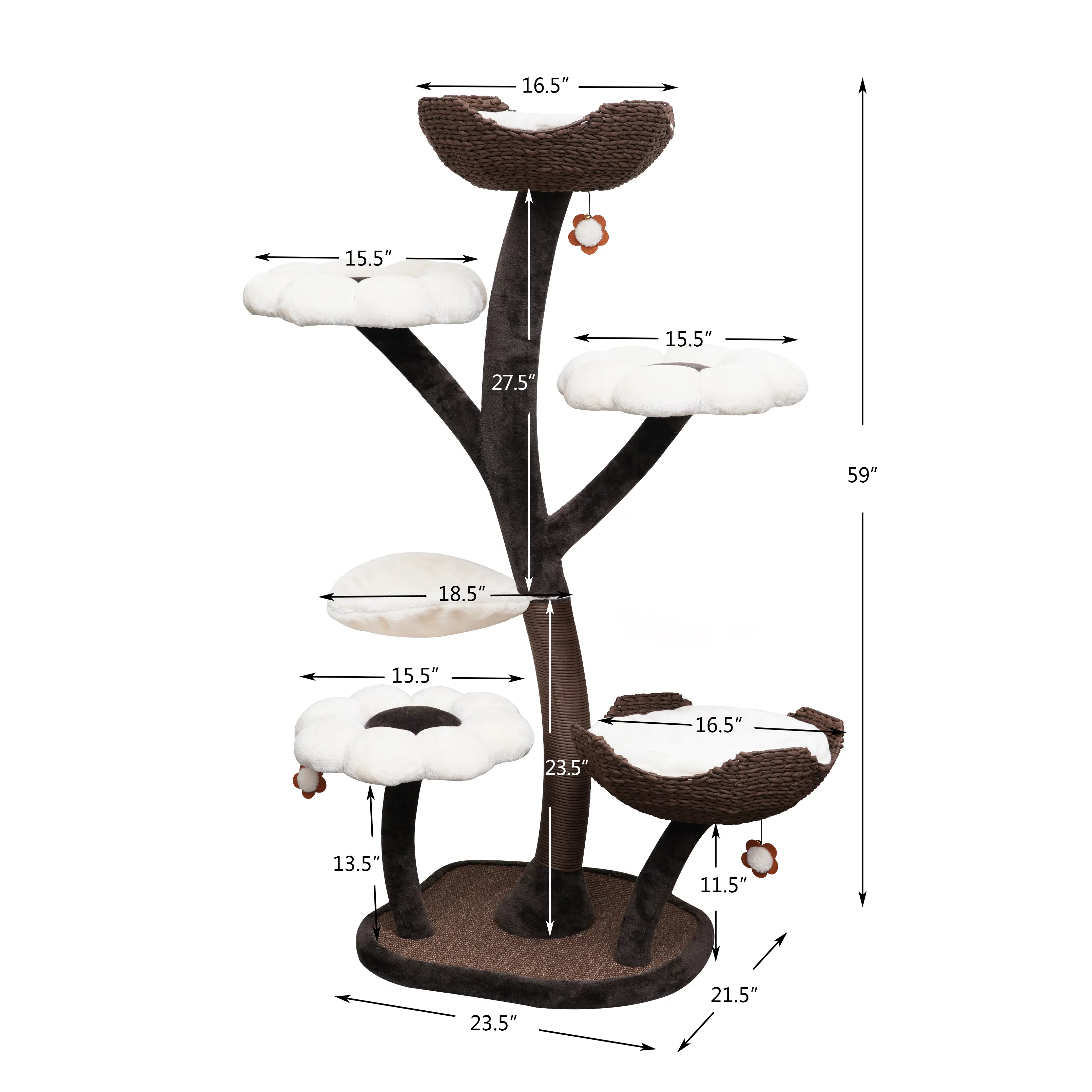 Catry 59" Natural Blossom Flower Woven Tree Branches Large Cat Tree 6-Level Cat Tower w/ Hammock Foam-Padded Perches Basket for Large Adult Cats Play House Indoor Climbing Modern Cat Furniture