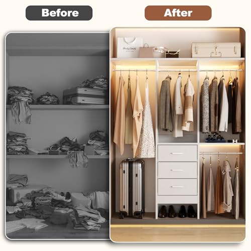 4FT Small Closet System with 3 Fabric Drawers, 48'' Closet Organizer System With 3 Adjustable Shelves, Flexible Built-In Clothes Garment Rack for Small Space, 48" L x 13" W x 71" H, White