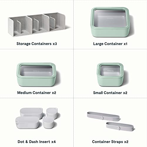 Caraway Glass Food Storage Set, 14 Pieces - Ceramic Coated Food Containers - Easy to Store, Non Toxic Lunch Box Containers with Glass Lids - Includes Storage Organizer & Dot & Dash Inserts - Mist