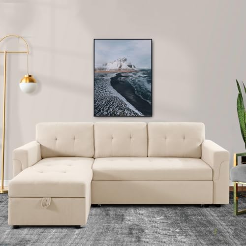 Naomi Home Jenny Sectional Sofa Sleeper with Storage Chaise, Tufted Pull Out Couch with Storage, L-Shaped Reversible Sleeper Sofa with Storage, Black,Air Leather
