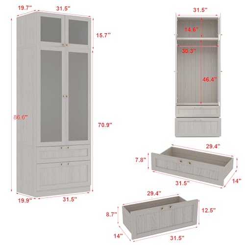 Hitow Large Wardrobe Cabinet, Wooden Armoire Closet with Frosted Glass Doors, Bedroom Wardrobe with 2 Drawer & Hanging Rod for Storage Organize, Wood Grain (63" W x 19.7" D x 70.9" H)