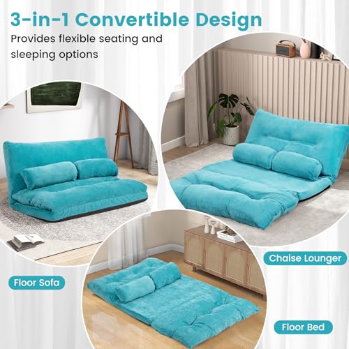 KOMFOTT Foldable Floor Lazy Sofa with 2 Pillows, 6-Position Adjustable Reclining Sofa Sleeper Bed, Convertible Futon Couch Bed, Floor Couch Lounge for Relaxing, Reading, Playing, Gaming (Beige)
