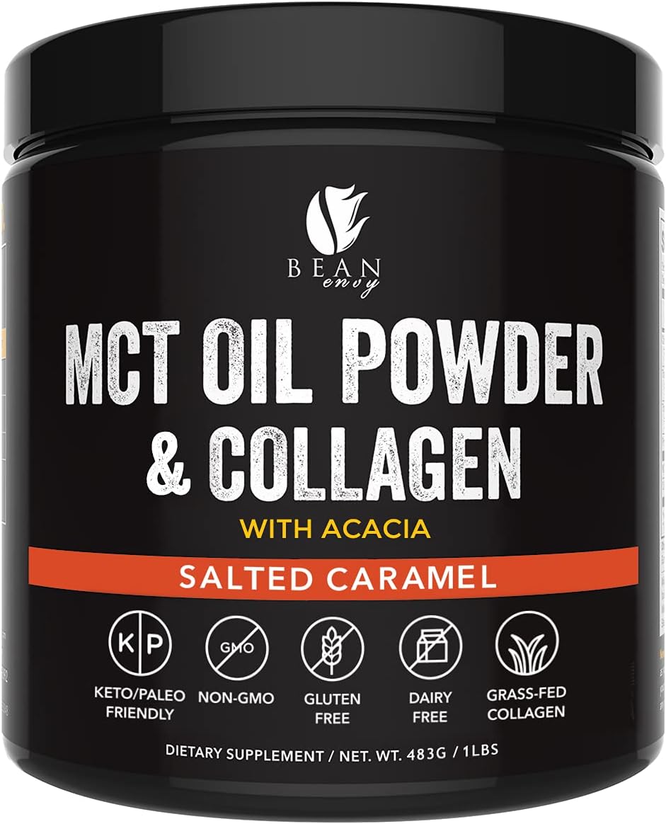 Bean Envy MCT Oil Powder with Collagen and Acacia - Gluten & Dairy-Free - Keto Creamer for Coffee, Ice Cream, Shakes and Smoothies - Salted Caramel Pack of 2