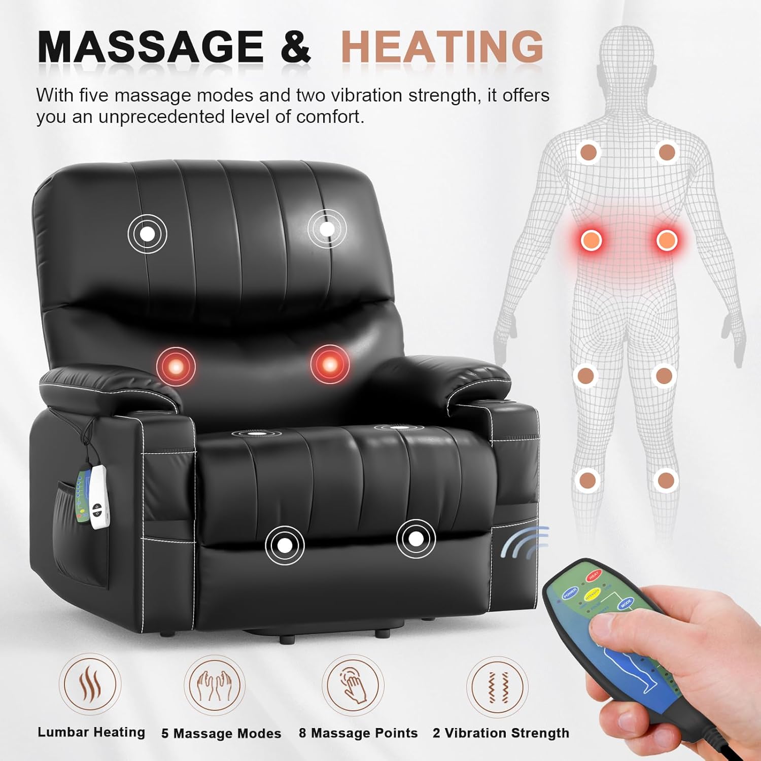 Large Lift Chair, Oversized Power Lift Recliner Chair for Elderly, Lift Chair Recliner for Elderly with Heat and Massage, Faux Leather Lift Chair with Cup Holders, USB Ports, Infinite Position