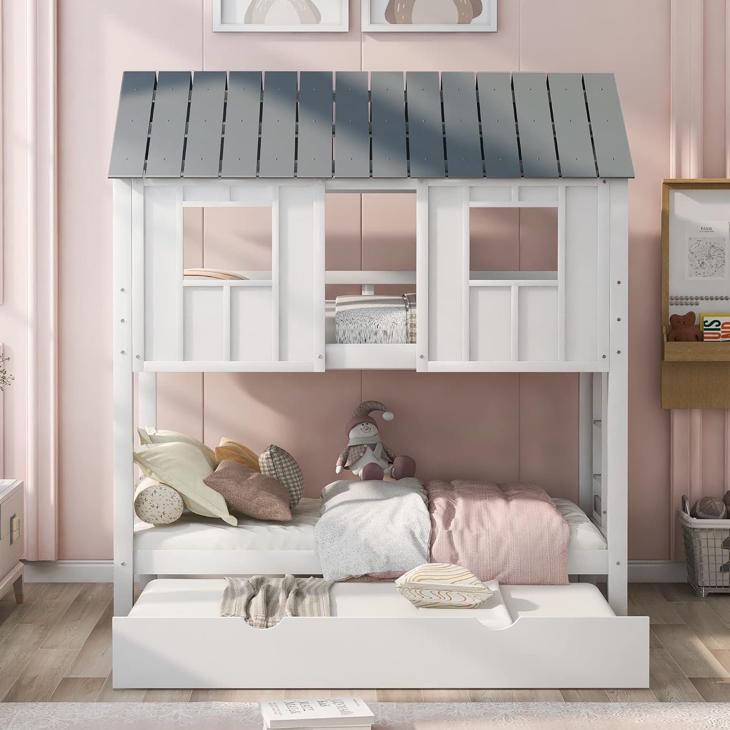 Twin Over Twin House Bunk Beds with Trundle, Wood Bed Frames with Two Front Windows and Roof for Toddlers/Boys/Girls, White
