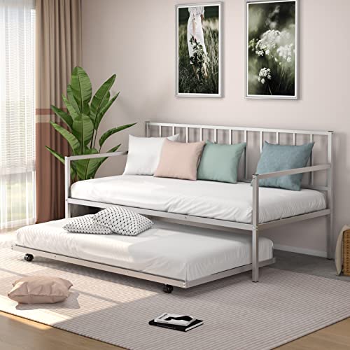 Giantex Twin Daybed with Trundle, Metal Twin Size Daybed with Pullout Trundle w/ 4 Casters, Metal Slat Support Sofa Bed for Kids Teens Adults Living Room, Guest Room, No Box Spring Needed, Silver