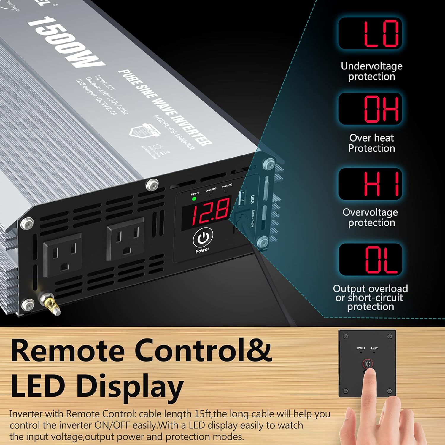 GIANDEL Power Inverter Pure Sine Wave 600Watt 12V DC to 110V 120V with Remote Control Dual AC Outlets and USB Port for RV Car Solar System Emergency