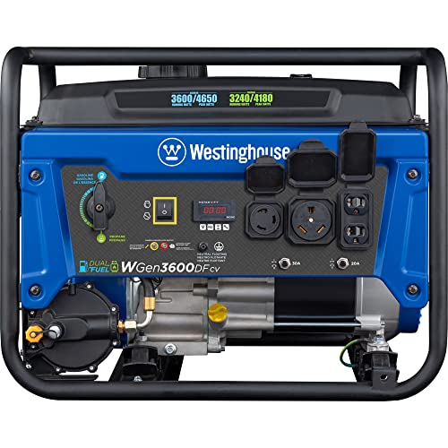 Westinghouse Outdoor Power Equipment 4650 Peak Watt Dual Fuel Portable Generator, Remote Electric Start with Auto Choke, RV Ready 30A Outlet, Gas & Propane Powered, CO Sensor