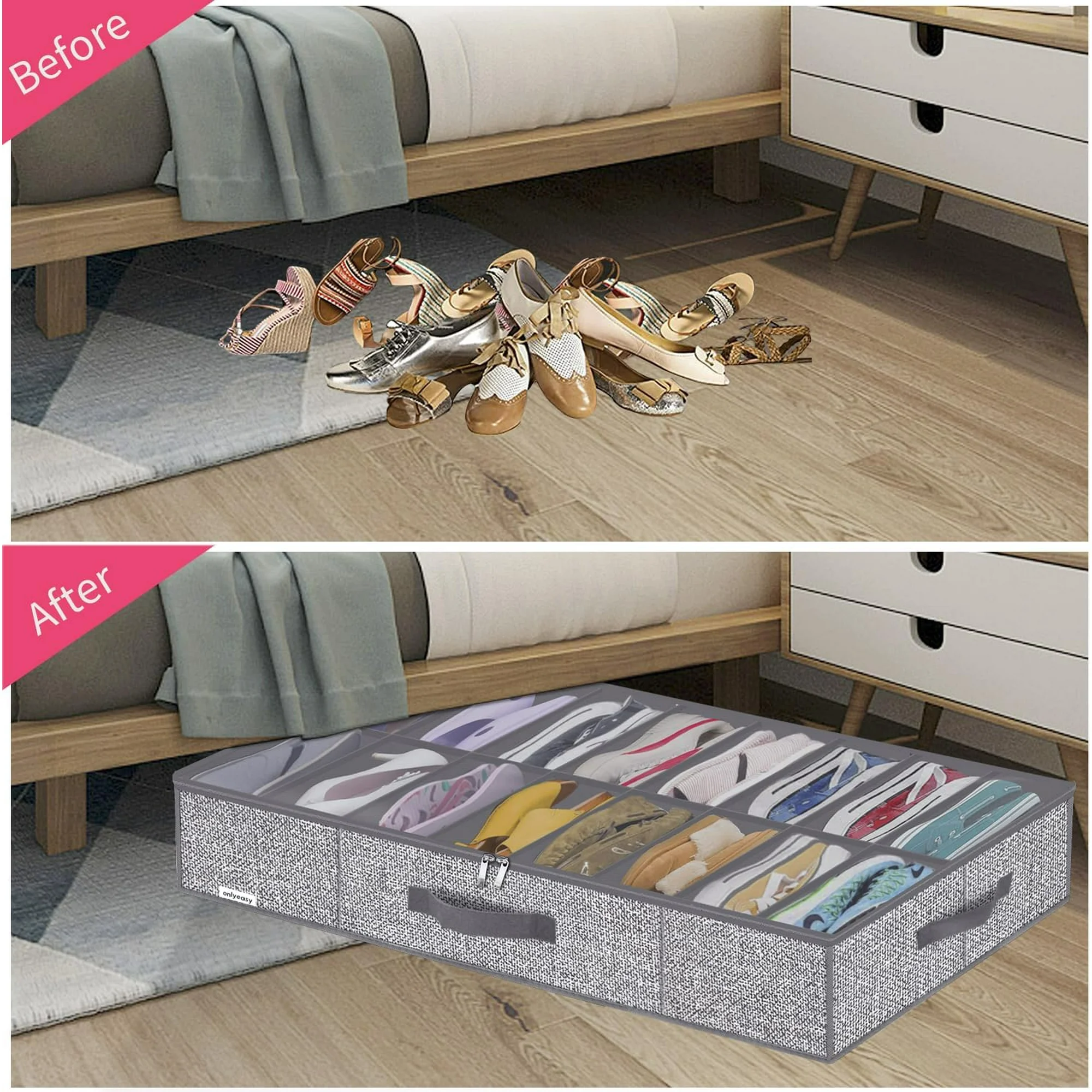 Sturdy Under Bed Shoe Storage Organizer, Set of 2, Fit 12 to 24 Pairs, Underbed Shoes Closet Storage Solution with Clear Window