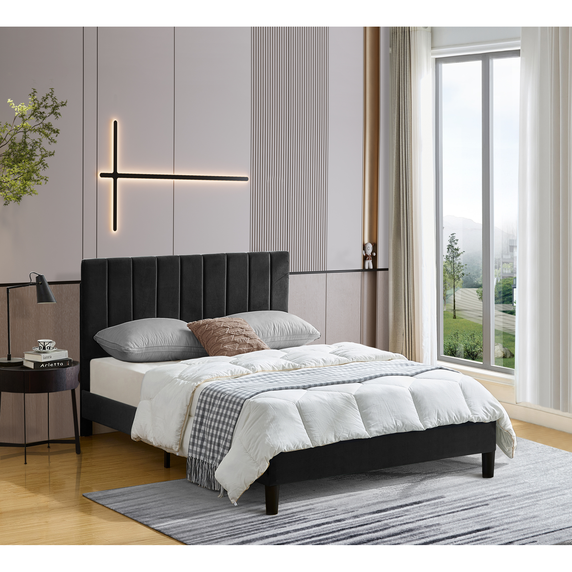 Queen Size Black Platform Bed with Upholstered Headboard, Heavy Duty Mattress Foundation, Easy Assembly