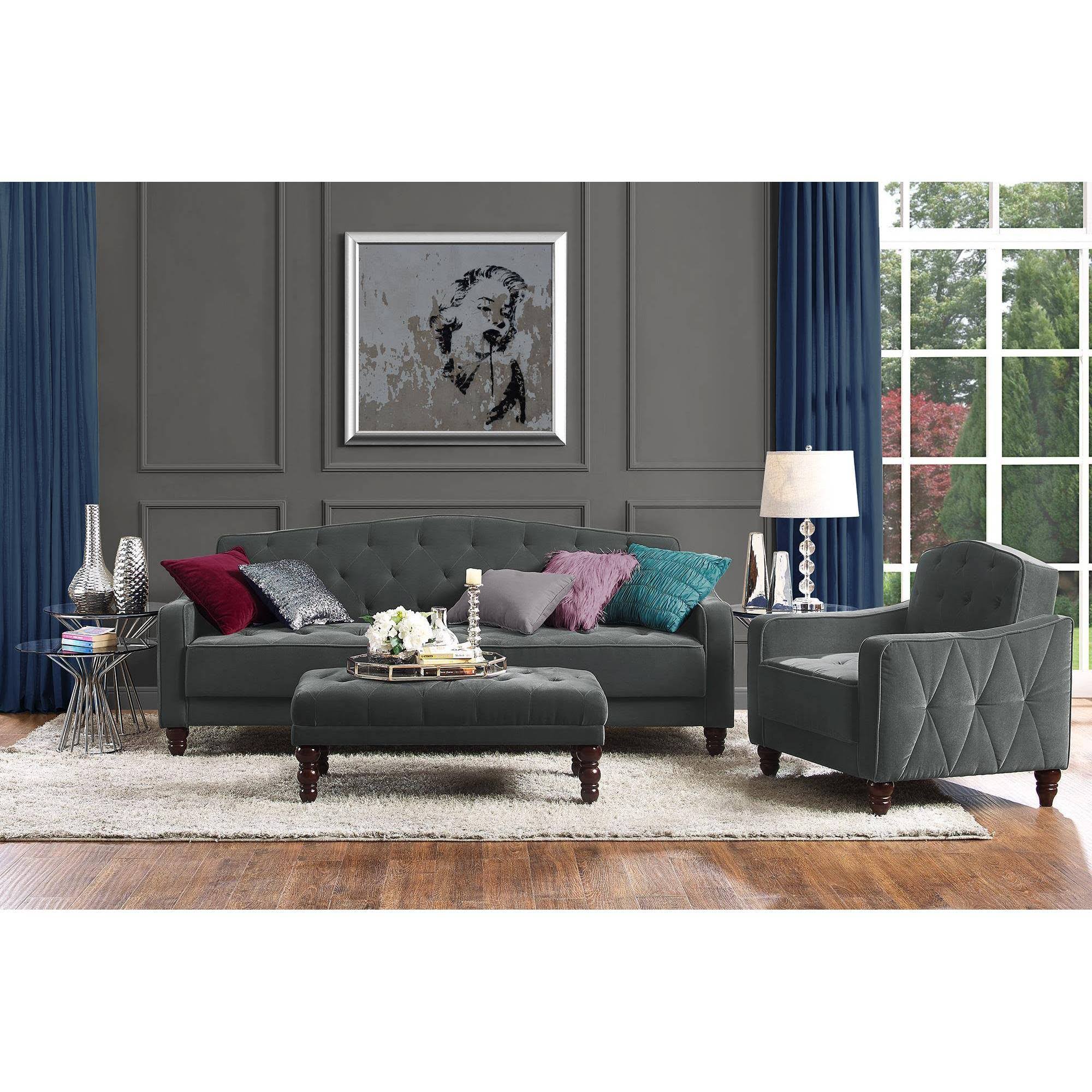 Novogratz Vintage Tufted Sofa Sleeper II- Gray Velvet