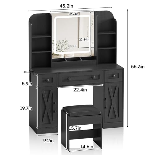 Vabches Makeup Vanity Desk, Vanity Mirror with Lights Desk and Chair,Makeup Table with 3 Large Drawers and 2 Cabinets, Time and Temperature Display, 3 LED Lighting Modes Adjustable, White