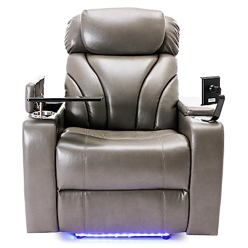 Power Motion Recliner PU Leather Reclining Chair w/Hidden Arm Storage,Swivel Tray &Cup/Pad Holder for Living Room,Electric Single Sofa Club Chair w/USB,LED &Stereo System for Home Theater (Light Grey)