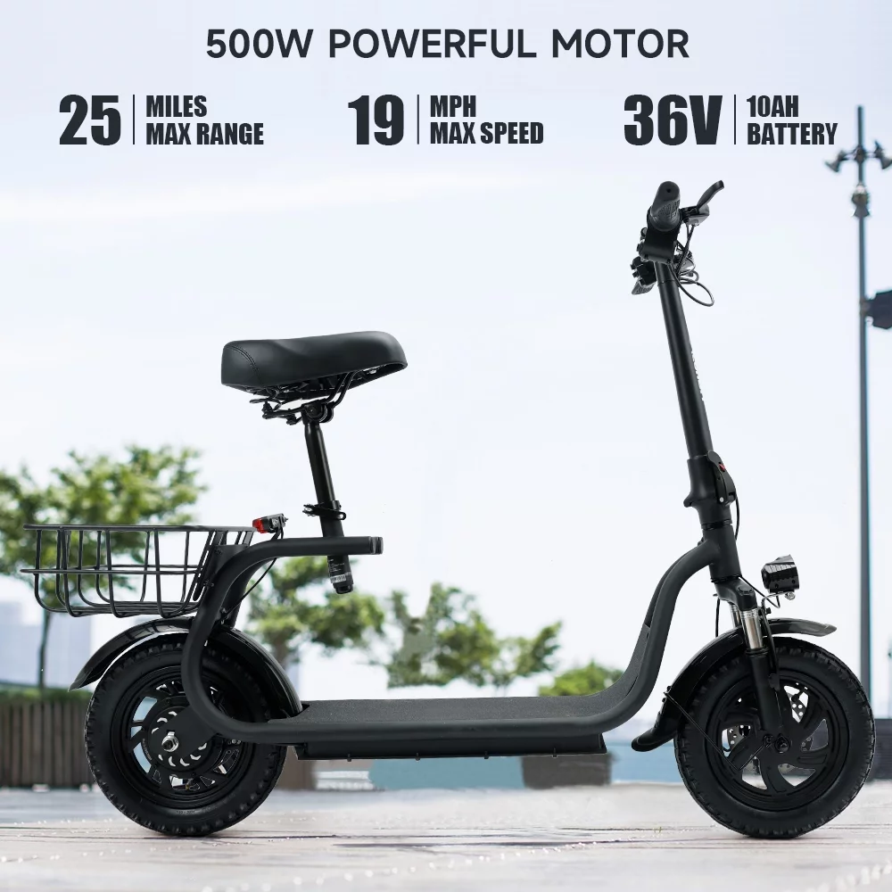 Adult Electric Scooter with Seat & Carry Basket, New Upgraded 500W 36V Up to 19 Mph- LCD Display-Moped for Adults-Foldable-Oversized Soft Seat-Dual Shock Absorption E-Bike