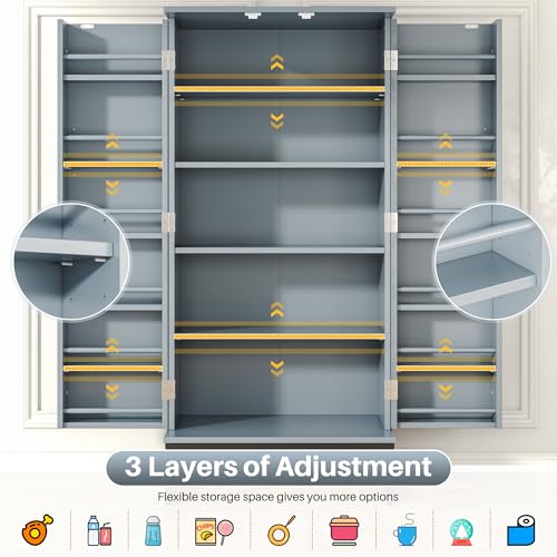 51” Pantry Cabinets, White Freestanding Kitchen Pantry Storage Cabinet with Adjustable Shelves, Buffet Cupboards Storage Cabinet for Home Office Use, White + Gold