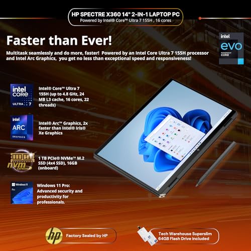 HP Spectre 14T x360 2-in-1 Laptop Intel i7-1355U 10 Cores,Win 11 Pro,13.5" 3:2 Touch,16GB RAM,512GB SSD,B&O Speakers, FPR, Tilt Pen,Nightfall, 64GB Tech Warehouse Flashdrive