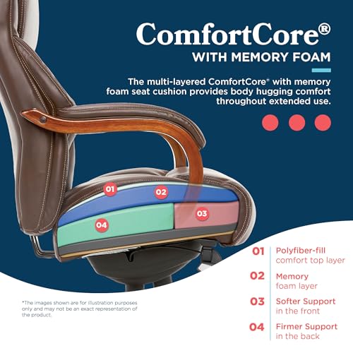 La-Z-Boy Delano Big & Tall Executive Office Chair, Ergonomic Mid-Back Body Pillow Lumbar Support, ComfortCore Memory Foam Cushion, Mahogany Wood Arms & Swivel Base, Bonded Leather, Chestnut Brown
