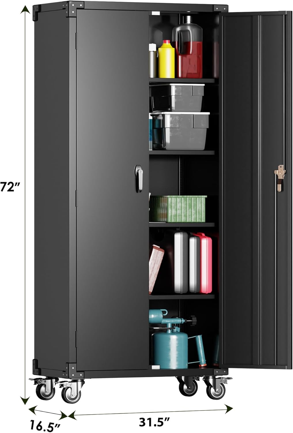 72" Black Metal Storage Cabinets with Wheels and 4 Adjustable Shelves, Lockable Rolling Cabinet Black, Home Office Metal Utility Cabinet for Garage Kitchen, Assembly Required