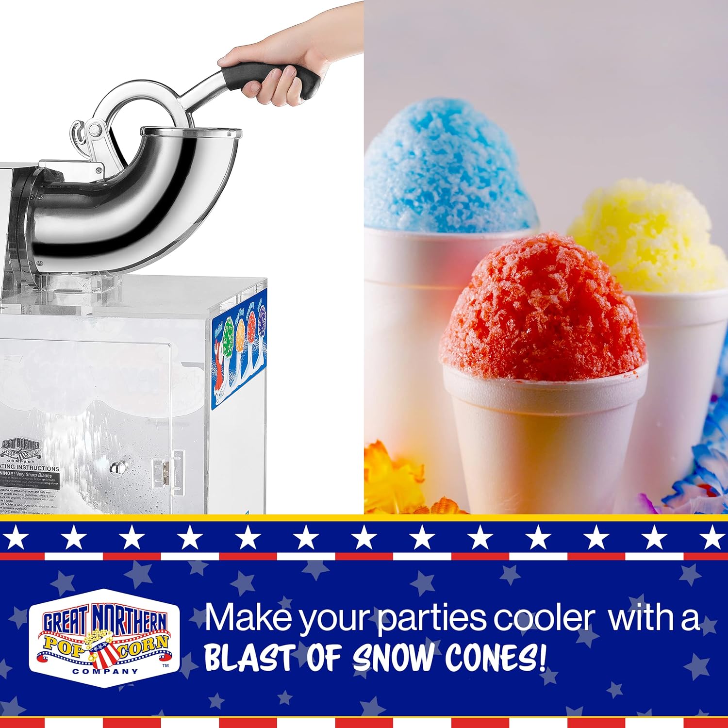 Great Northern Popcorn Polar Blast Snow Cone Machine Acrylic Crushed Maker Grinds Up to 500lbs of Ice Per Hour for Parties, Events