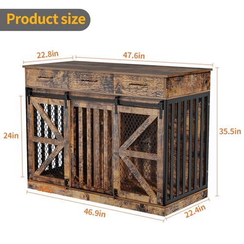 48'' Dog Crate Furniture with Removable Divider & Storage Drawers, Wooden Double Dog Cage TV Stand with 2 Sliding Barn Doors, Multi-Functional Dog Crate End Table for Indoor use (White)