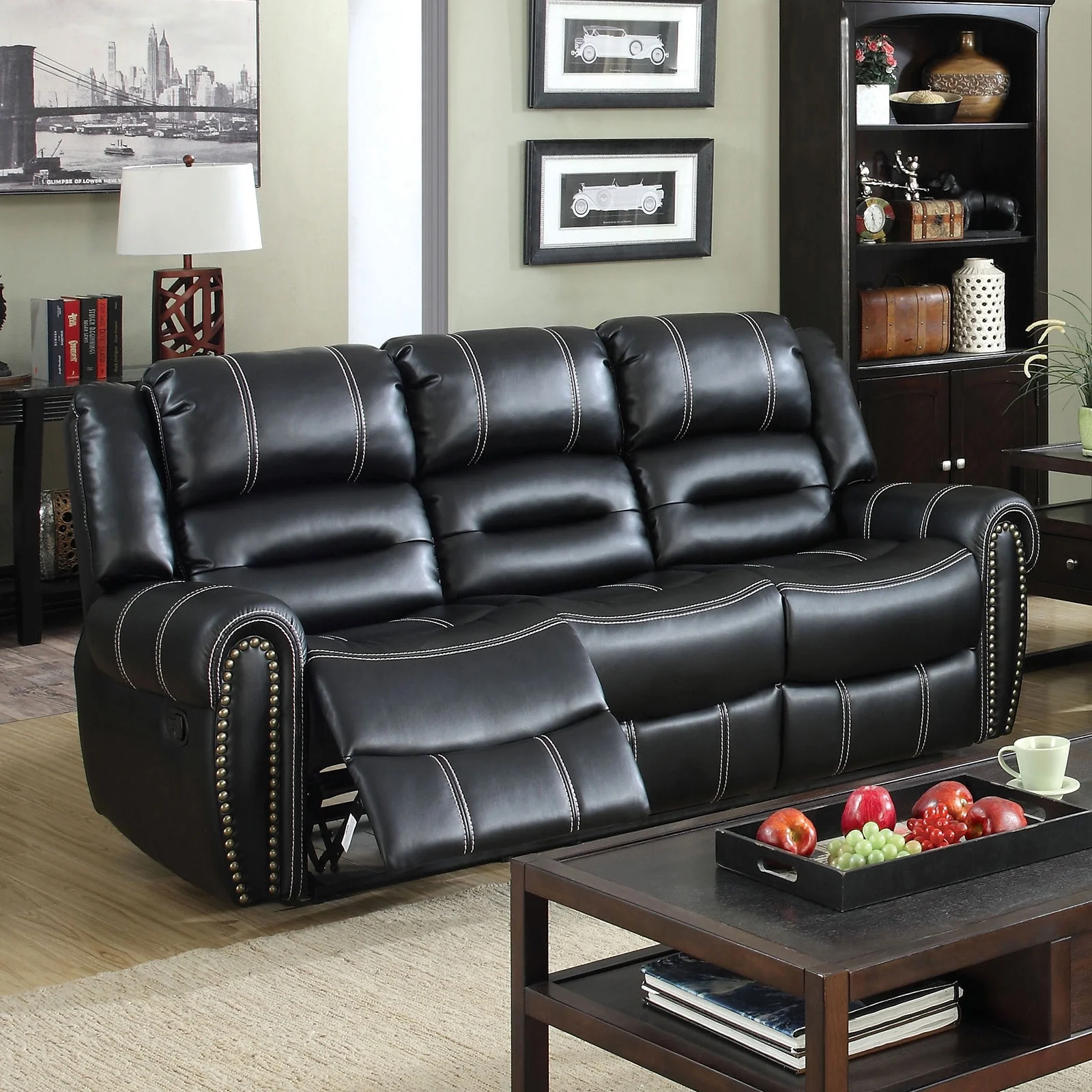 Black Leatherette Reclining Sofa And Loveseat 2pc Set Sofa Cushion Couch Nailheads Living Room Furniture Recliners