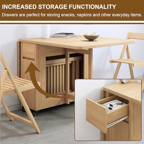 Space Saving Folding Dining Table with 4-6 Chairs, Extendable Drop Leaf Farmhouse Wood Kitchen Dining Room Tables Set for 6, Collapsible Expandable Kitchen Dining Living Office Furniture,6 Cha