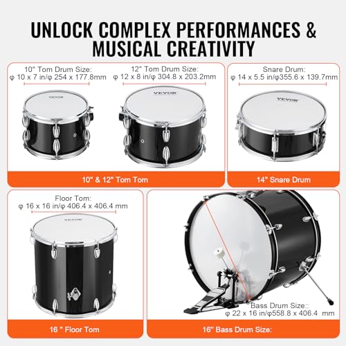 VEVOR Adult 5-Piece Drum Set, 22 Inches Complete Full Size Kit with Bass, Toms, Snare, Floor, Adjustable Throne, Stands, Cymbal, Hi-Hat Pedal and Drumsticks, Black