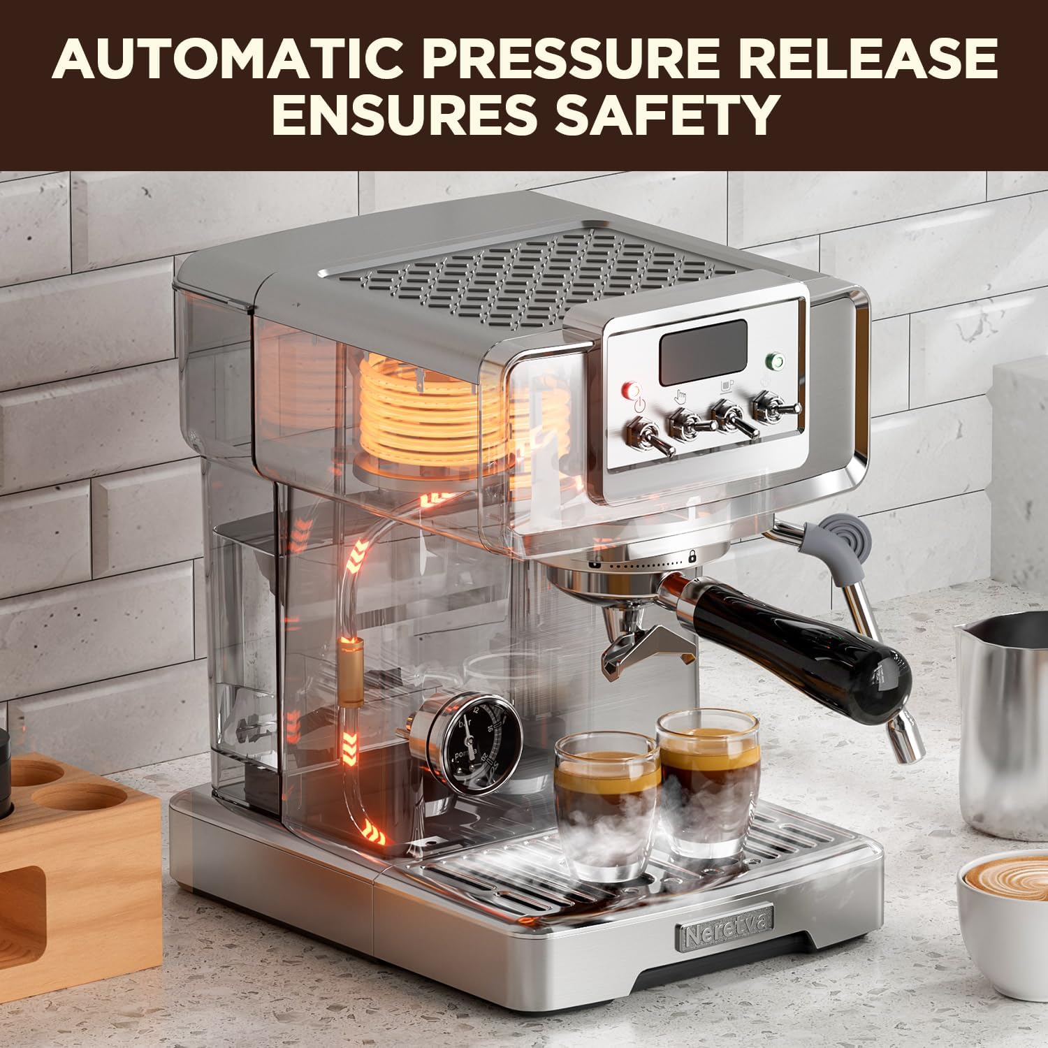 Neretva Espresso Machine, 15 Bar LCD Display Espresso Maker Manual&Auto Mode Stainless Steel Espresso Coffee Machines with 60oz Water Tank&Milk Frother for Home Barista, Latte and Cappuccino Machine