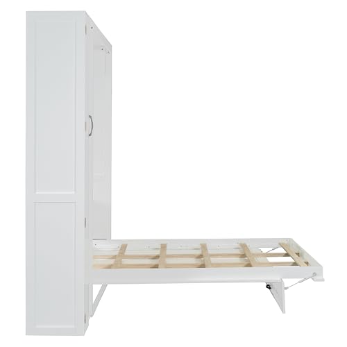 Full Size Murphy Wall Bed With Storage and Bookcase Headboard, Solid Wood Cabinets With Shelves, Drawers and USB Ports, Multi-Function Platform for Home Office, Guest Room - White