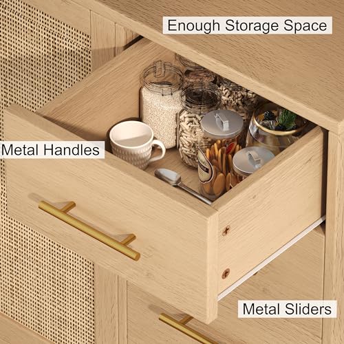 Rovaurx 70.9" Kitchen Pantry Cabinet with Microwave Shelf, Rattan Kitchen Hutch Cabinet with Charging Station, Tall Floor Cupboard Cabinet with Drawers and Doors, Black and Natural KBG002BME