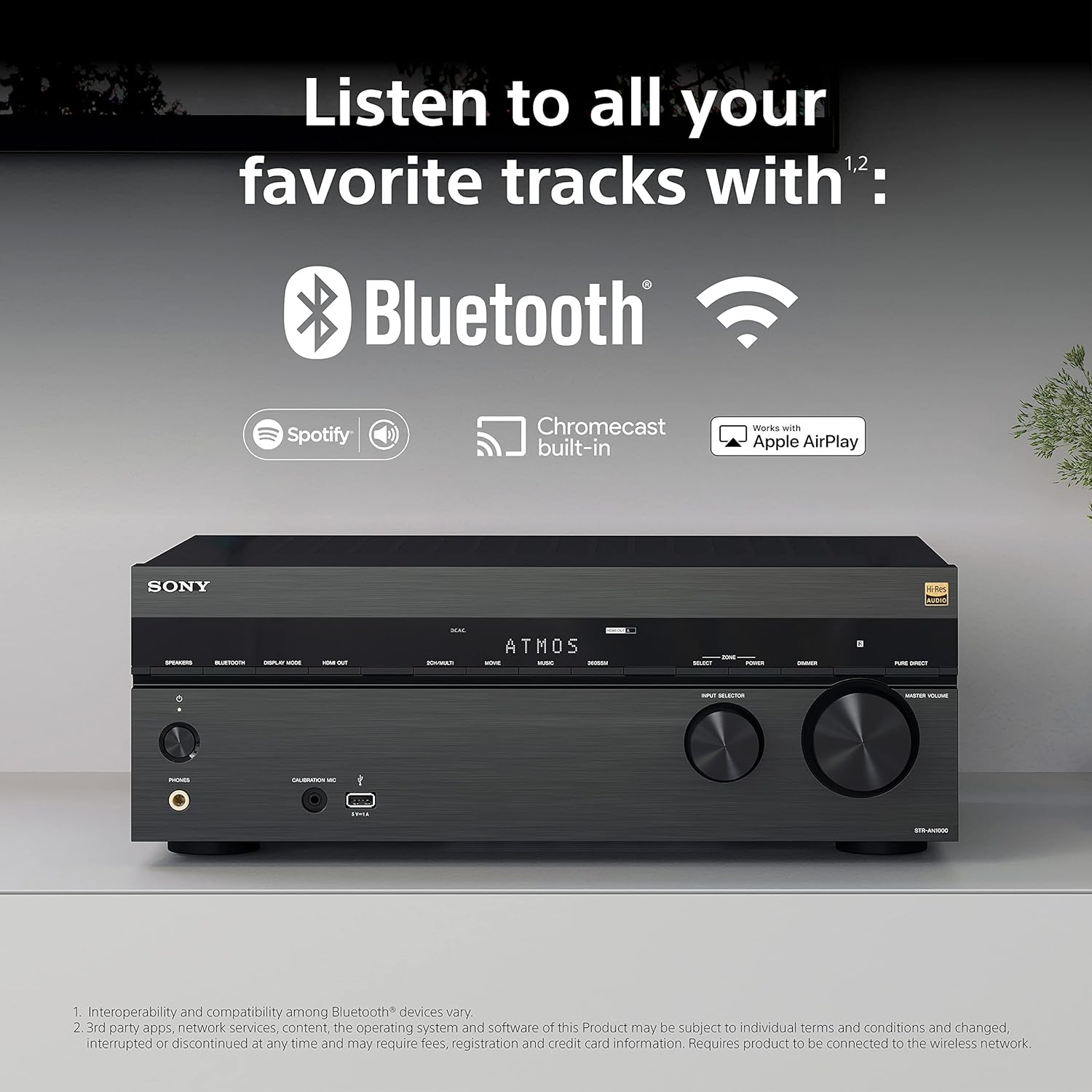 Sony STR-AN1000 7.2 CH Surround Sound Home Theater 8K A/V Receiver: Dolby Atmos, DTS:X, Digital Cinema Auto Calibration IX, Bluetooth, WiFi, Google Chromecast, Spotify connect, Apple AirPlay, HDMI 2.1