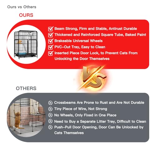 Large Cat Cage Indoor: 3-Tier Metal Cat Enclosure - Ferret Cage with Wheels