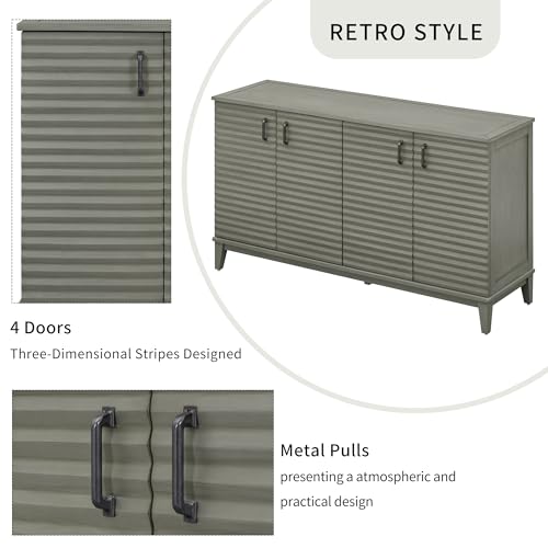 Retro Style Sideboard with 4 Door, Large Storage Buffet with Adjustable Shelves and Metal Handles, Wooden Accent Storage Cabinet for Kitchen, Living Room, Dining Room (Antique Gray-010)