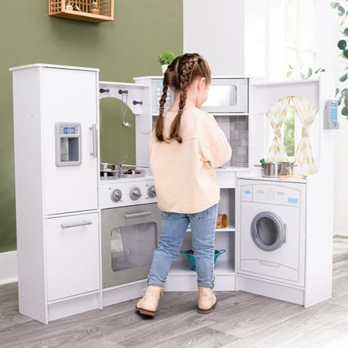 KidKraft Ultimate Corner Wooden Play Kitchen with Lights & Sounds, Play Phone and Curtains, Espresso, Gift for Ages 3+