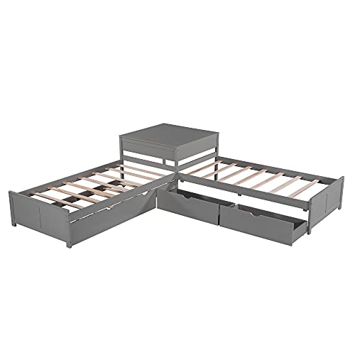 Harper & Bright Designs L-Shaped Corner Platform Beds with Trundle, Wood Double Twin Size Beds with 2 Drawers, Built-in Table for Family Kids Teens Bedroom Furniture (Grey)