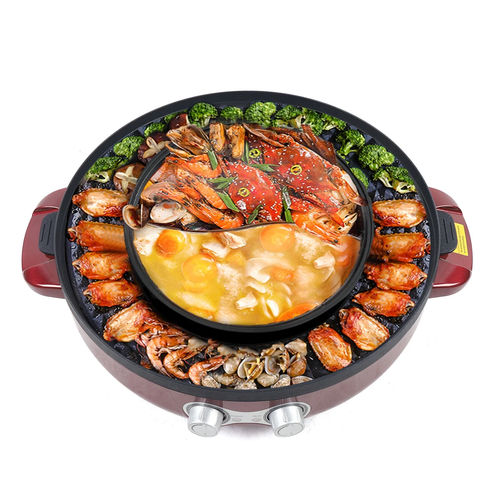 2-in-1 Electric Smokeless Grill + Hot Pot BBQ Grill Soup Shabu Pot 2200W Red