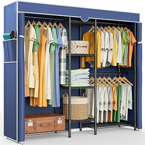LEHOM G6C Heavy Duty Clothes Rack with Cover, Wire Garment Rack for Hanging Clothes, Compact Closet Storage Clothing Rack with Blue Oxford Fabric Cover, Adjustable Hanging Clothes Racks for Bedroom