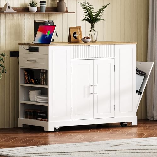 60" Kitchen Island with Drop Leaf and Power Outlet, Rolling Kitchen Cart on Wheels with Trash Can Storage Cabinet, Spice Rack, Towel Rack and Adjustable Shelf for Dining Room