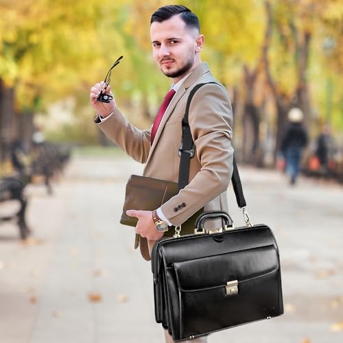 Banuce Leather Briefcase for Men with Lock Attache Case Hard Executive Attorney Lawyer Work Bag 15.6 Inch Laptop Doctor Bag