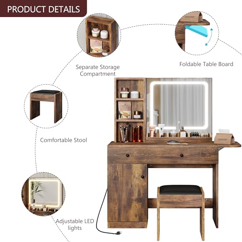 IDEALHOUSE Vanity Desk with Mirror and Lights, Large Storage Space with 2 Drawers and Adjustable Shelves Storage Makeup Vanity, 3 Lighting Modes Adjustable Brightness, Bedroom Vanity Table, White