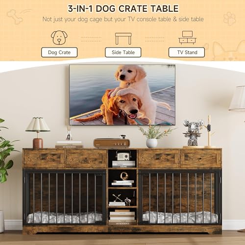 GarveeHome 82” Double Dog Crate Furniture, Large Dog Kennel Indoor for 2 Dogs, Heavy Duty Wooden Dog Crate TV Stand with 4 Drawers and Shelves, White