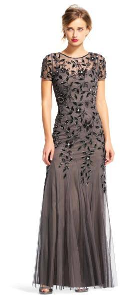Adrianna Papell Floral-Beaded Gown - Rose Gold