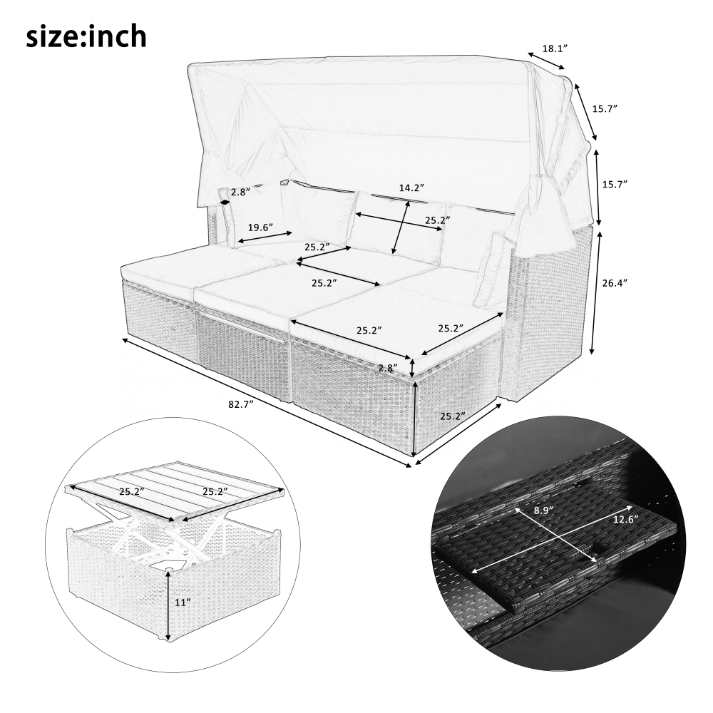 Holaki Outdoor Patio Rectangle Daybed with Retractable Canopy, Wicker Furniture Sectional Seating with Washable Cushions, Gray