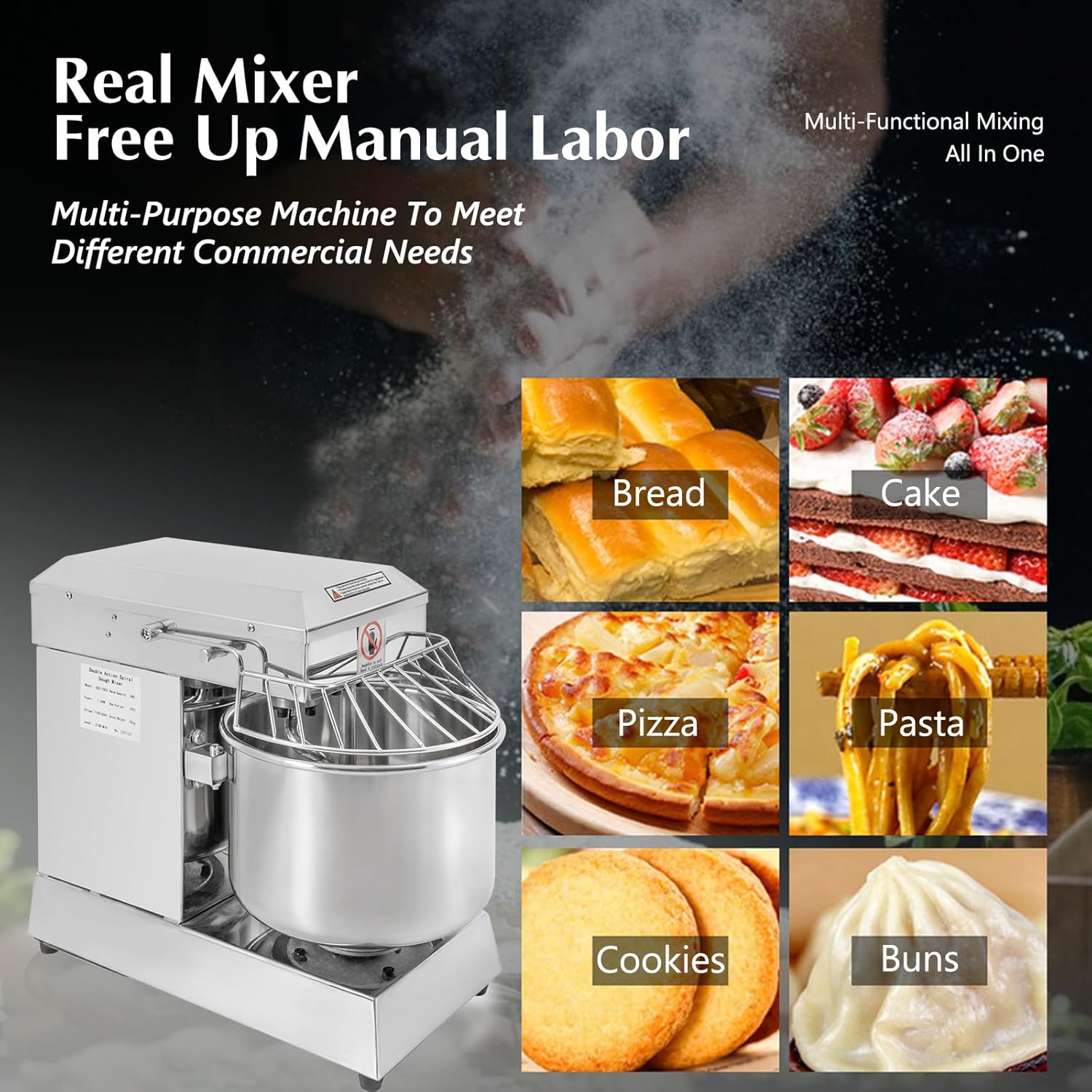 Commercial Food Mixer, 10.5Qt Capacity, Spiral Mixer 1000W Dual Rotating Dough Kneading Machine with Food-grade Stainless Steel Bowl, Security Shield & Timer Included, Baking Equipment for Restaurant